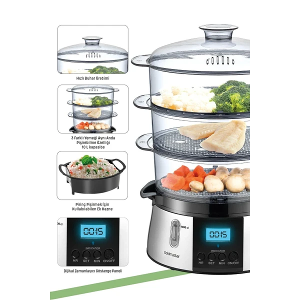 cookfit dijital ekranlı 120 dakika zaman ayarlı 10 litre dijital buharlı pişirici